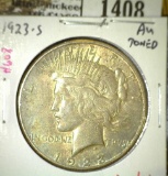 1923-S Peace Dollar, AU toned, value $36