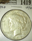 1934-D Peace Dollar, VF/XF, value $45