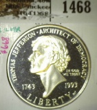 1993-S Jefferson Commemorative Silver Dollar, 90% SILVER Proof, value $20+