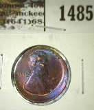 1952-D Off-Center / Broad-Struck Lincoln Cent, nice error, toned blue & purple, value $20+