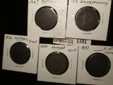 Five Large Cents: 179? Draped Bust, Type only; 1818 Ground recovery; 1826 Scratched; 1850 damaged, &