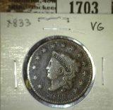 1833 Large Cent, VG.