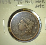 1838 Large Cent, VG-F, weak date.