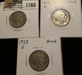 (2) 1919 S Good & (1) 23 S Good Buffalo Nickels.