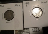 1890 Seated Liberty Dime Fine & 1918 S Good Mercury Dime.