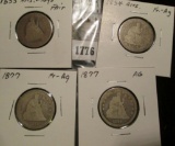 (4) worn Seated Liberty Quarters: 1853 Arrows & Rays; 1854 Arrows; & (2) 1877 Fair-AG.