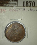 1929 British Farthing, CH BU 64, mostly brown.