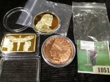 Copper One Ounce Indian Ingot; Egyptian Gold-plated Ingot; & Gold-plated Medallion depicting Christ.