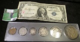 Series 1935G $1 Star Replacement Silver Certificate and a six-piece type set of coins in a Snaptight