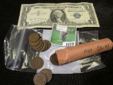 Roll of (50) Nice 1907 Indian Head Cents and a Series 1957B $1 Silver Certificate.