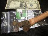 Roll of (50) Nice 1900 Indian Head Cents and a Series 1957 B $1 Silver Certificate.