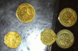 (5) California Gold Fractional Souvenir Tokens. All appear to be high grade, but not old gold.