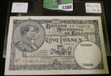 National Bank Van Belgie VYF (5) Frank Banknote, 12-11-26 with watermark, high grade and scarce.