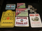 Nice selection of old Beverage, Breweriana labels, and Foreign Coins.