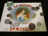 Cigar Box label with attractive Gal & a group of foreign Coins.