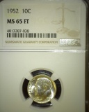 1952 P Roosevelt Silver Dime, NGC slaqbbed MS 65 FT.