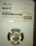 1952 P Roosevelt Silver Dime, NGC slaqbbed MS 65 FT.