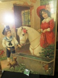 Young Lad, reigns in hand leading a White horse ridden by a young Lass, Puppy in foreground. 16