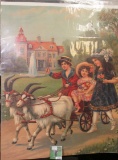 Victorian Mansion in the background while a pair of Children ride in a cart drawn by Long-horned Goa