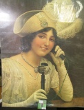 Lithograph of a Beautiful Lady with Plumed Hat speaking on an Old Telephone. 16