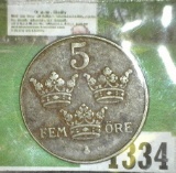 1943 Sweden World War II Steel Five Ore, KM#812.