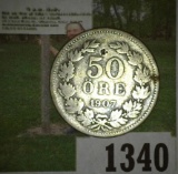 1907 E.B. Sweden .600 Fine Silver 50 Ore.