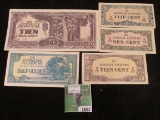 Set of Five World War II Japanese Invasian Netherlands Indies Crisp Uncirculated Banknotes.