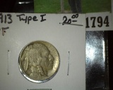 1913 P Type One (raised ground) Buffalo Nickel with full horn.