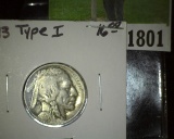 1913 P Type One (raised ground) Buffalo Nickel with 3/4 horn.