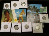 Pair of 1950 era Bathing Beauties Post cards; & and a group of carded U.S. Nickels dating back to 18
