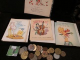 (4) Antique Special Greetings Cards and a large group of unsorted Foreign Coins.