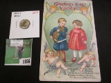 1955 S Super High Grade Roosevelt Silver Dime & an early 1900 Valentine Day Card.