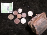 Old Coin Purse including U.S. Type Coins; 1884 Liberty Nickel, Silver War Nickels, Mercury Dime, and
