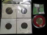 Thailand Bi-metal Coin, encased; & 1900, 01, 02, & 03 Indian Head Cents.