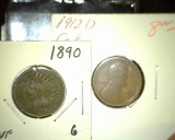 1890 Indian Cent, VF & 1912 D Lincoln Cent, Good.
