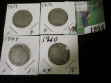 1907, 08, 09, & 1910 Liberty Nickels grading Fine to VF.