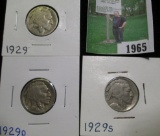 1929 P, D, & S Buffalo Nickels.