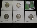 1929 P, D, 30 P, S, & 31 S Buffalo Nickels.