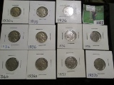 1930 S, 35 P, (5) 36 P, D, S, 37 P, & D Buffalo Nickels.