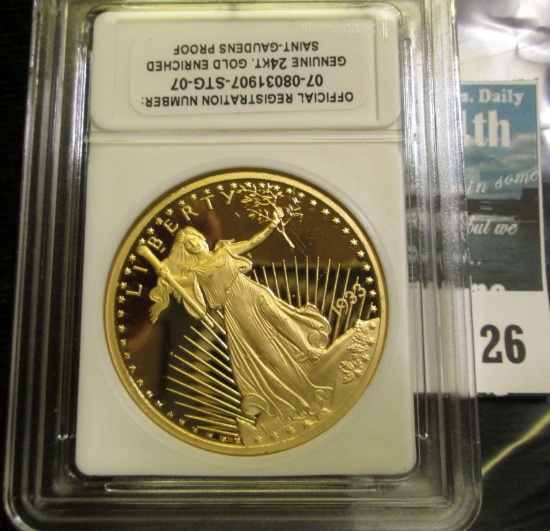 Genuine 24 Kt. Gold Enriched Saint-Gaudens Proof slabbed with Registration Number.