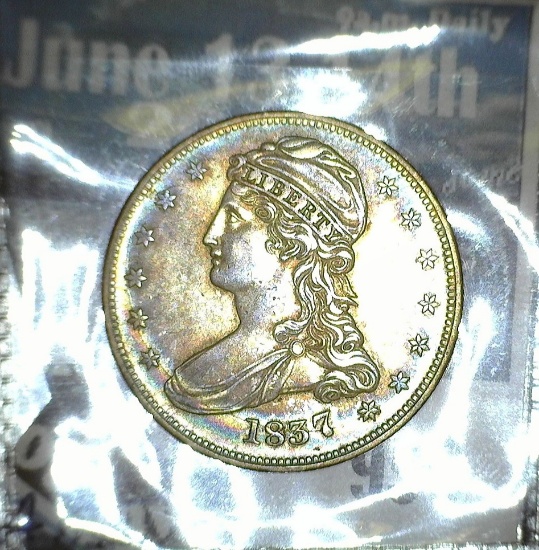 1837 Capped Bust Half Dollar, Spectacular toning.