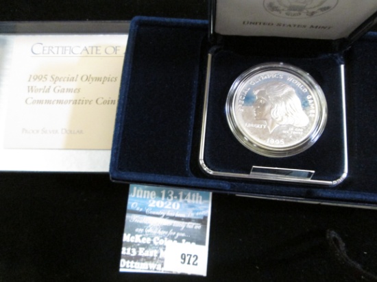 1995 P U.S. Special Olympics World Games Proof Silver Dollar in original box with C.O.A.