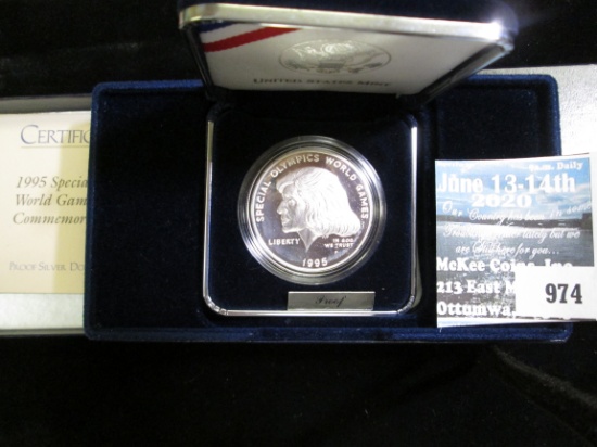 1995 P U.S. Special Olympics World Games Proof Silver Dollar in original box with C.O.A.