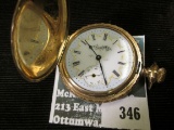Hampden pocket watch, Canton, O., SN works 1122349, lever set, ornate face & case, engraved MJF, inn