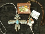 3 Southwestern souvenirs - 2 bolo ties with Thunderbird  (?) themes & a retro/vintage New Mexico cha
