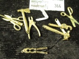 10 miniature tools, 9 are brass, pocket knife is white metal, interesting assortment of miniatures