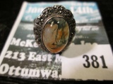 Vintage sterling ring w/cabochon moss agate and hematite accents, size 6