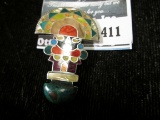 Sterling inlaid Inca or Mayan pendant or pin, can be used on a necklace or as a pin, marked 925, 10.