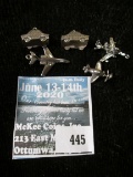 Group of 3 sterling airplane charms and 2 taxi car, 1 airplane charm has space shuttle on top of pla