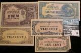 Five-piece World War II Set of Japanese Invasion Currency used in the Netherlands Indies. Crisp Unci